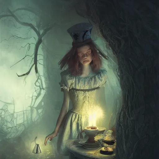 Image similar to alice in wonderland, high detail, dramatic light, digital art, chiaroscuro, painted by seb mckinnon and greg rutkowski, trending on artstation