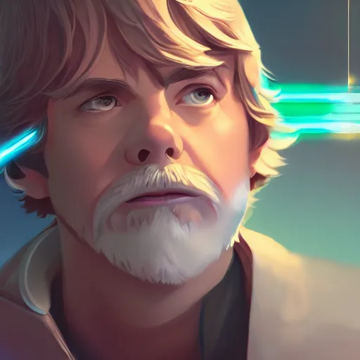 Image similar to George Lucas as Luke Skywalker, ambient lighting, 4k, anime key visual, lois van baarle, ilya kuvshinov, rossdraws, artstation