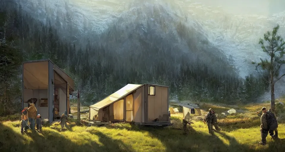 Image similar to cabela's beautiful comfortable community of modular insulated wall container home kit - house all weather military grade family dwelling tent house, person in foreground, mountainous forested wilderness open fields, beautiful views, painterly concept art, environmental concept art, concept art illustration, by james gurney, by craig mullins, by greg rutkowski trending on artstation