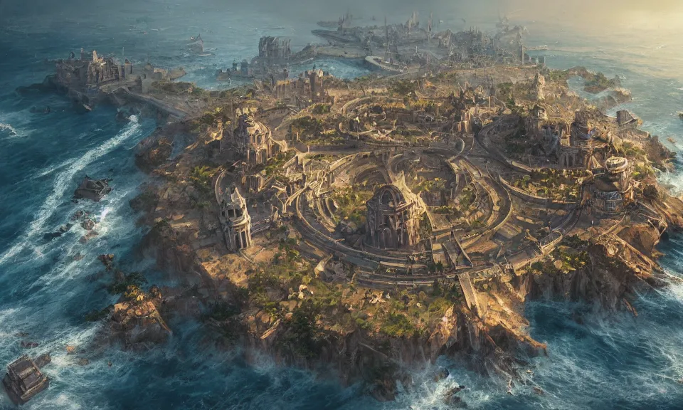 Prompt: circular city on the coast, high walls, aerial view, highly detailed, digital painting by greg rutkowski, artstation, cgsociety