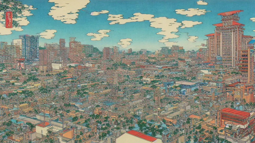 Prompt: Jollibee City, cityscape, wide shot, illustration, by Moebius, Renoir, Hokusai