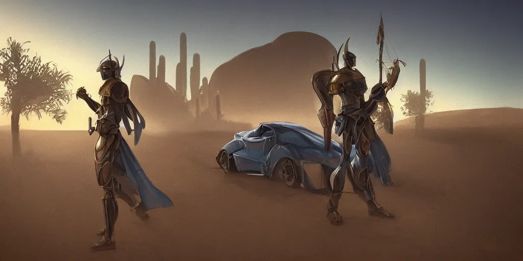 Prompt: blue and gold knight in desert standing next to green car, misty blue hour, sci fi digital painting, unreal engine 5, photorealism, hd quality, 8 k resolution, cinema 4 d, 3 d, cinematic, professional photography, art by artgerm and greg rutkowski and alphonse mucha and loish and wlop, berserk, manga