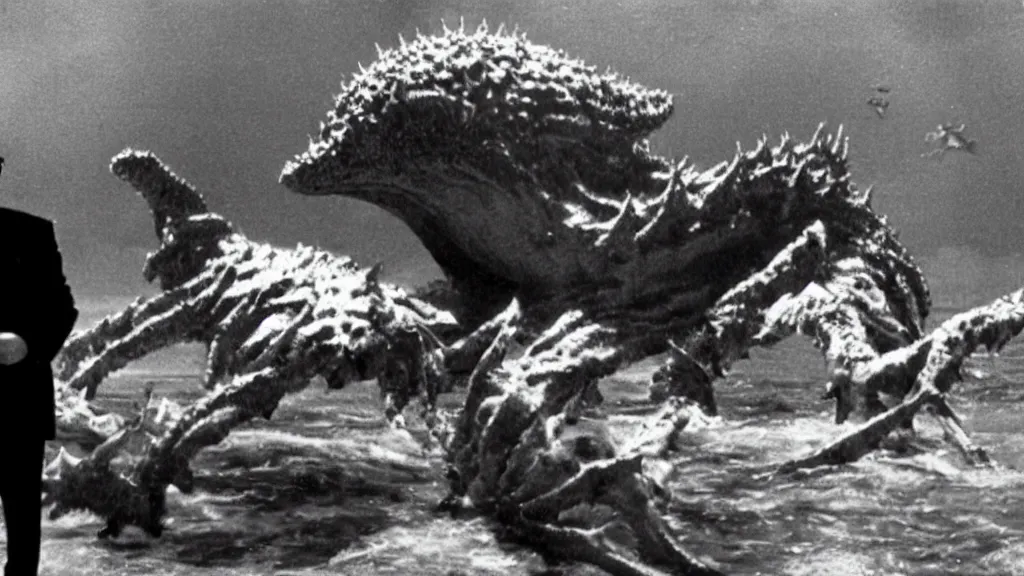 Image similar to a filmstill of Kim Jong-il in the foreground looking upwards at a giant Kaiju starfish monster in the background, cinematography by Akira Kurosawa
