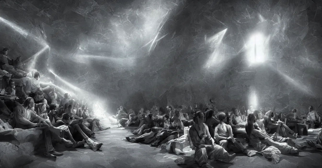 Image similar to human beings sit in the cinema and watch reflections of their lives on screen of life illusion, projecting by volumetric light of consciousness, realistic, deep sense of spirituality, contrast shading, unreal engine, vray, style of chris mars