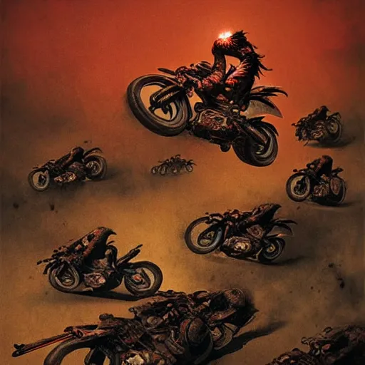 Image similar to motorbikers race in hell, by beksinski and tristan eaton, dark neon trimmed beautiful dystopian digital art