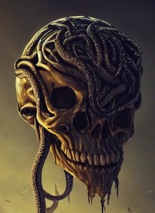 Prompt: A fancy portrait of a skull wrapped in snakes by Greg Rutkowski, Sung Choi, Mitchell Mohrhauser, Maciej Kuciara, Johnson Ting, Maxim Verehin, Peter Konig, Bloodborne, 8k photorealistic, cinematic lighting, HD, high details, dramatic, atmospheric , trending on artstation