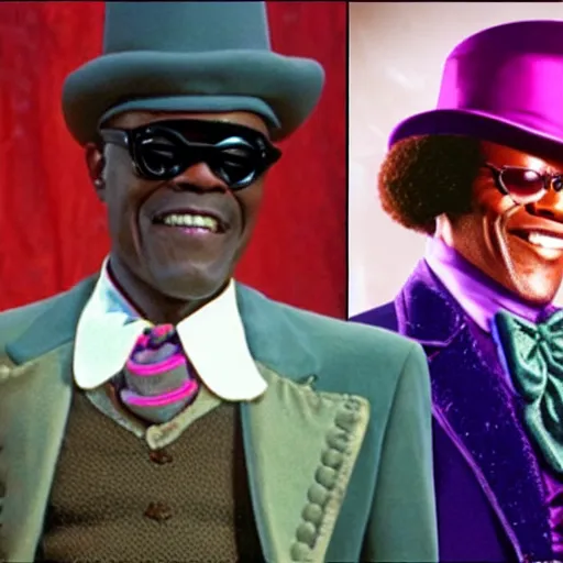 Image similar to Tom Hanks as Samuel L. Jackson dressed as Willy Wonka