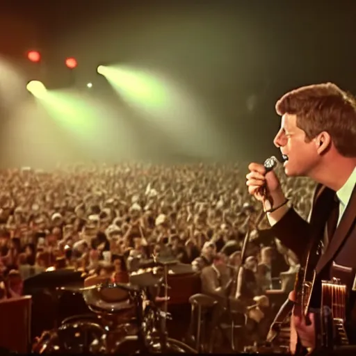 Image similar to John F. Kennedy singing into a microphone with a rock band, cinematic, 8k, detailed