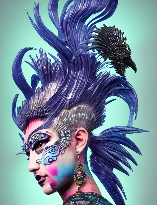 Image similar to 3 d goddess close - up profile portrait punk with mohawk with ram skull. beautiful intricately detailed japanese crow kitsune mask and clasical japanese kimono. betta fish, jellyfish phoenix, bio luminescent, plasma, ice, water, wind, creature, artwork by tooth wu and wlop and beeple and greg rutkowski