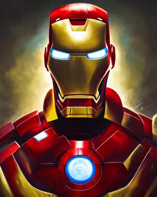 Image similar to a highly detailed portrait of a sinister Donald Trump as Iron Man, evil pose, by greg rutkowski and android jones in a surreal portrait style, oil on canvas, ancient cyberpunk 8k resolution, masterpiece