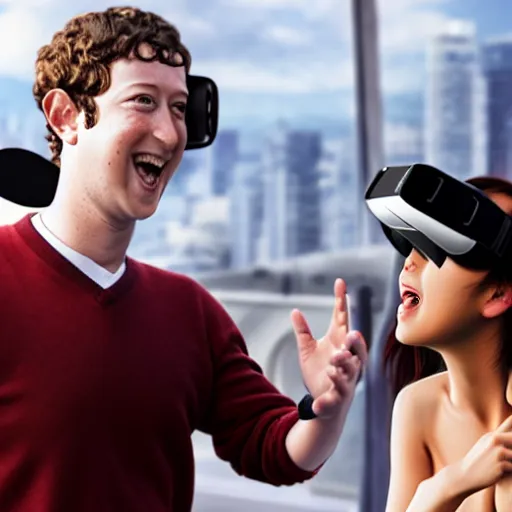 Prompt: anime Mark Zuckerberg smiling dancing with vr headset on while people cheer and cry, in rooftop bar, photo by Mann, detailed, 4k, beautiful