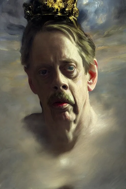 Image similar to beautiful detailed expressive impressionistic oil painting portrait of ancient roman god emperor steve buscemi levitating, ascending into the dark wearing the civic crown, renaissance painting, black background, art by anders zorn, wonderful masterpiece by greg rutkowski, expressive brush strokes, beautiful cinematic light, american romanticism by greg manchess, jessica rossier