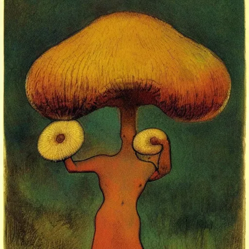 Prompt: the polyp goddess stretches her fungal spores amidst tick tock wretches and one two three, lithography print by Odilon Redon