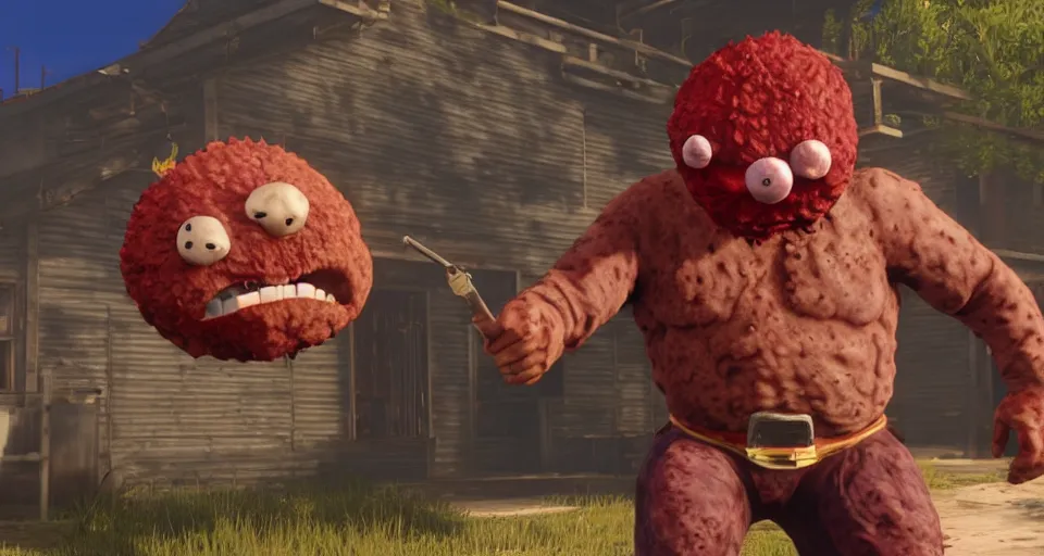 Image similar to Screenshot of Meatwad from Aqua Teen Hunger Force as a 3d cowboy in full cowboy attire in the videogame 'Red Dead Redemption 2'. Sharpened. 1080p. High-res. Ultra graphical settings.