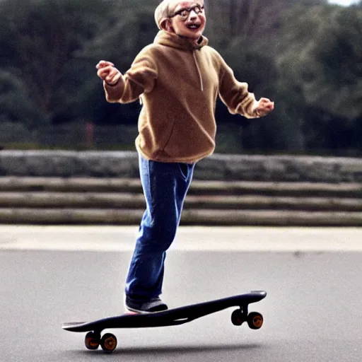 Prompt: Stephen Hawking skateboarding in a hoodie.