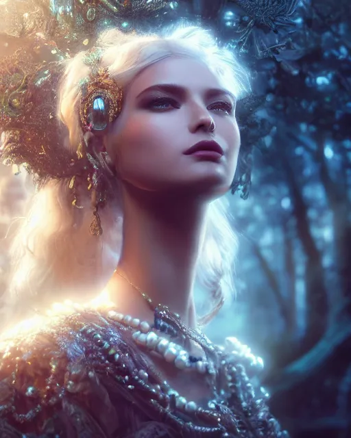 Prompt: beauteous sumptuous dark empress with incredible iridescent pearlescent voluminous hair, crystalline masterpiece incrustations, hyperdetailed face, elegant pose, movie still, cinematic forest lighting, intricate accuracy, octane render, cgsociety, artgerm, unreal engine, crepuscular rays, god rays