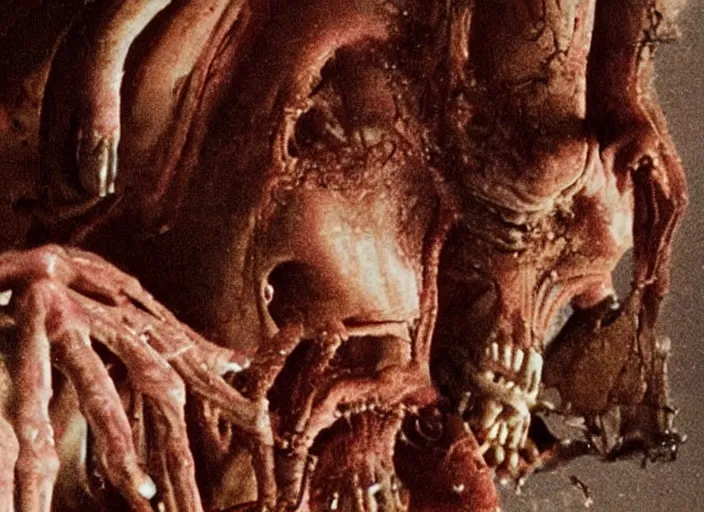 Image similar to disturbing 1 9 7 0 color photography of a human being split in half with alien features and crooked teeth horror film practical fx directed by david cronenberg