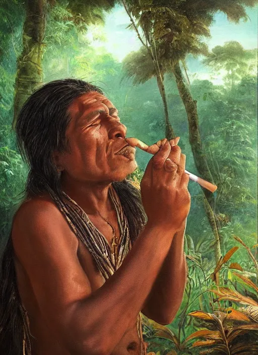 Image similar to a beautiful painting of an indigenous man taking tobacco snuff in the amazonian jungle , fantasy art, matte painting, highly detailed