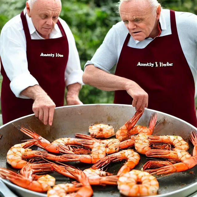 Prompt: anthony hopkins cooking king prawns in a large photo realistic pan