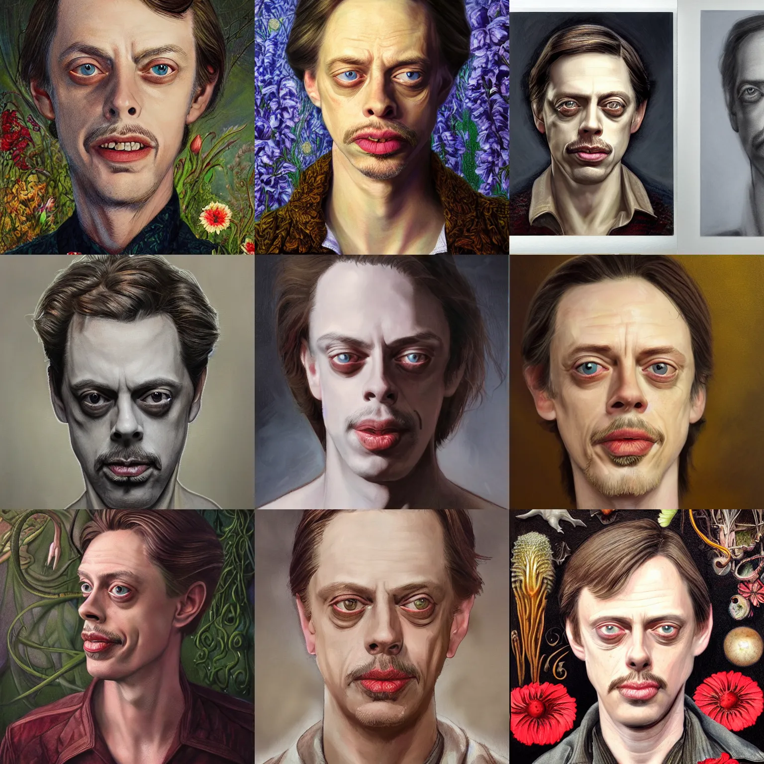 Prompt: facial portrait of a young Steve Buscemi, delicate, looking at camera, slightly awkward smile, realistic face, grimdark fantasy, flowers, extremely detailed painting inspired by Gerald Brom and Ernst Haeckel and Kaluta