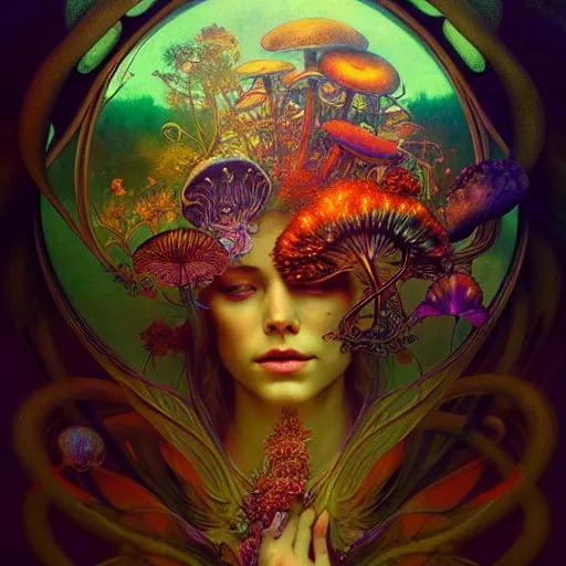 Image similar to An extremely psychedelic transformation, surreal, dramatic lighting, magic mushrooms, psilocybin, LSD, face, detailed, intricate, elegant, lithe, highly detailed, digital painting, artstation, concept art, smooth, sharp focus, illustration, art by Krenz Cushart and Artem Demura and alphonse mucha