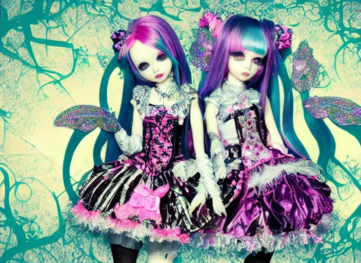 Image similar to baroque bedazzled gothic royalty frames surrounding a pixelsort emo demonic horrorcore japanese beautiful fairy kei doll, sharpened early computer graphics, remastered chromatic aberration