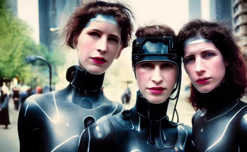 Image similar to cinestill 5 0 d photographic portrait by helen levitt of affection between two loving female cyborgs wearing black techwear in a retrofuturist garden, extreme closeup, modern cyberpunk, moody, 8 k, hd, high resolution, 3 5 mm, f / 3 2, ultra realistic faces, intricate detail, ex machina