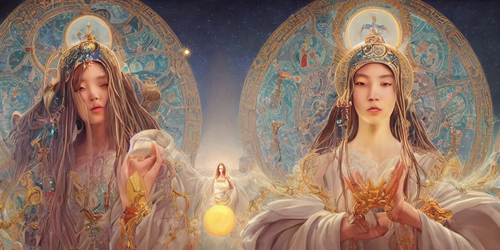 Prompt: breathtaking detailed concept art painting of the goddess of the universe, orthodox saint, with anxious, piercing eyes, ornate background, sun on left moon on right, by Hsiao-Ron Cheng, James jean, Miho Hirano, Hayao Miyazaki, extremely moody lighting, 8K