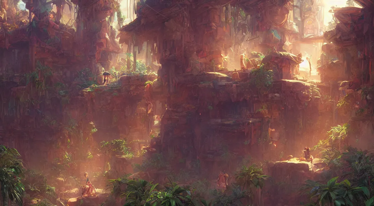 Prompt: grounded camera low angle arabian marketplace skyup vivid tissu color fabric jungle dirt wall fortress digital painting, artstation, concept art, sharp focus, illustration, cinematic lighting, art by artgerm and greg rutkowski and alphonse mucha