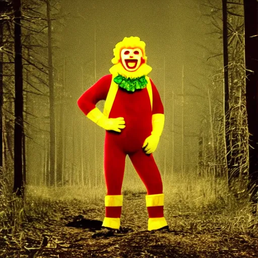 Image similar to ronald mcdonald caught on trail cam footage, cryptid, grainy and poor developed, at night