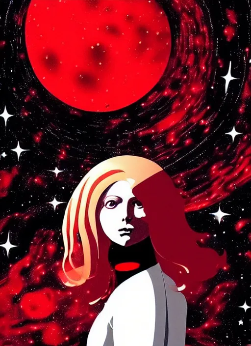 Prompt: highly detailed portrait of a hopeful pretty astronaut lady with a wavy blonde hair, by Karel Thole , 4k resolution, nier:automata inspired, bravely default inspired, vibrant but dreary but upflifting red, black and white color scheme!!! ((Space nebula background))