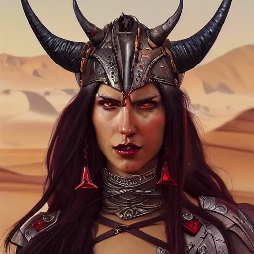 Prompt: portrait of a strong fierce berber tiefling woman with red skin, devil horns and black hair in a ponytail wearing a steel chestplate in a desert, fantasy, highly detailed, digital painting, artstation, concept art, character art, art by greg rutkowski and tyler jacobson and alphonse mucha