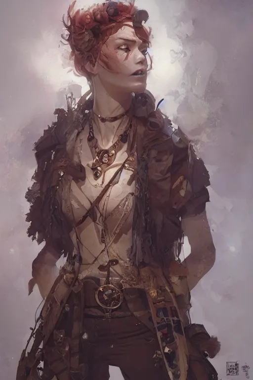 Image similar to A masterpiece portrait of a Incredibly beautiful queer Syberian post apocalyptic shaman girl . medium shot, intricate, elegant, highly detailed. trending on artstation, digital art, by Stanley Artgerm Lau, WLOP, Rossdraws, James Jean, Andrei Riabovitchev, Marc Simonetti, Yoshitaka Amano