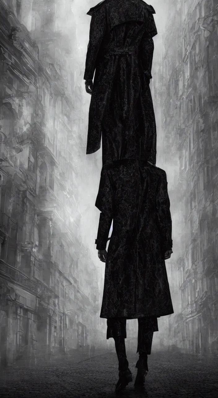Prompt: Tall mysterious human, back lit, in a dark ally way wearing a hyper detailed trench coat designed by Alexander Mcqueen, Extreme details, 8k, Realism, Chiaroscuro