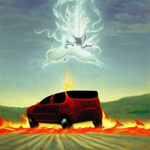 Image similar to knight in car, dragon blowing fire above, Hudson River School, ONE, Murata, Berserk