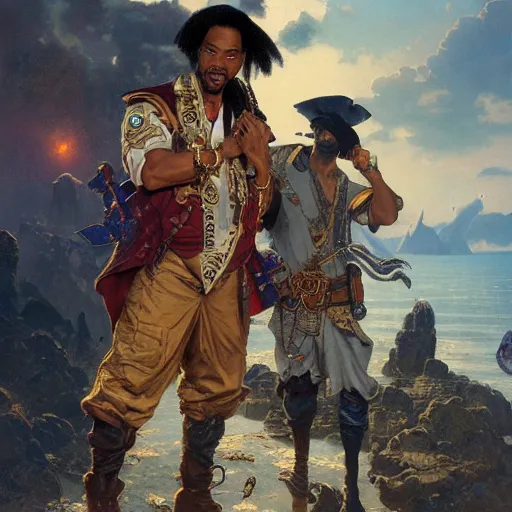 Prompt: chris rock dressed as a pirate and will smith dressed as a ninja, by adolf hiremy - hirschl and greg rutkowski and alphonse mucha, cosmic, intricate detail, cinematic, 8 k, cel shaded, unreal engine, featured on artstation, pixiv