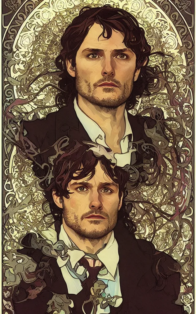 Image similar to Will Graham from NBCs Hannibal in portrait Alphonse Mucha art nouveau style, detailed high definition poster, photorealistic brutal artwork, featured on artstation, powerful, high definition, large file size, advertisement