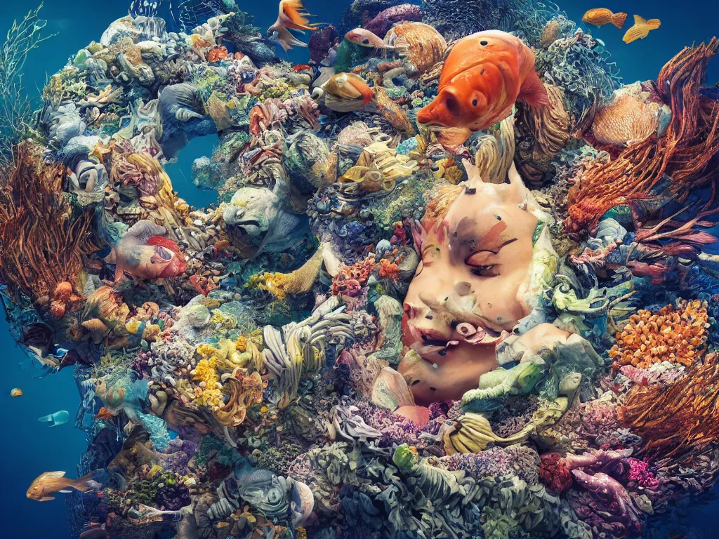 Image similar to a sculpture of fish ocean intertwined, a lovely cornucopia of flowers and human body parts, body parts, authentic, highly detailed, octane render, cinematic, shock, sharp focus, ball, an independent psycho,