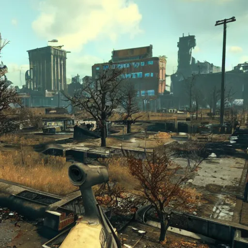 Prompt: Dublin in ruins post-nuclear war in Fallout 4, in game screenshot