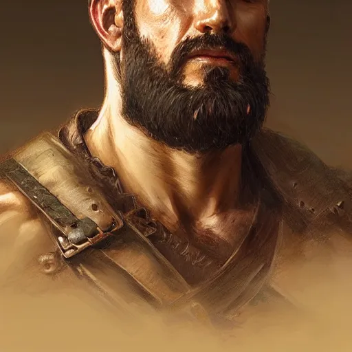 Prompt: portrait of a rugged ranger, muscular, upper body, hairy chest, D&D, fantasy, intricate, elegant, highly detailed, digital painting, artstation, concept art, matte, sharp focus, illustration, art by Artgerm and Greg Rutkowski and Alphonse Mucha