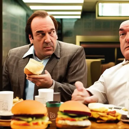 Image similar to Saul Goodman and Tony Soprano having lunch at McDonalds, Realistic, 4k