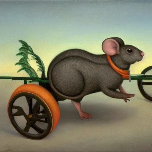 Prompt: mouse pulling a two wheeled cart with a large piece of cheese on it at sunset, detailed oil painted by botero