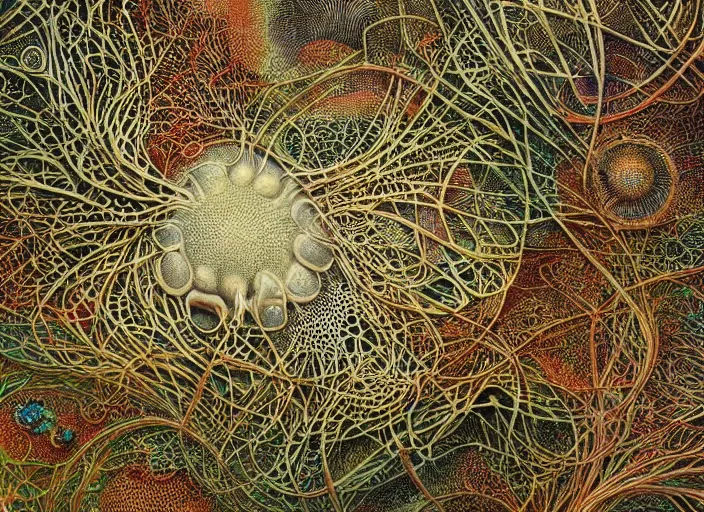 Prompt: a 3 d fungal world of mushroom fractals in the style of graffuturism, intricate mycelial lace, ultra detailed, by peter mohrbacher & james jean & william morris & ernst haeckel & zaha hadid