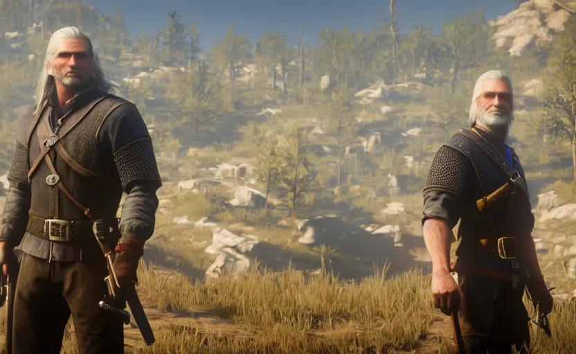 Image similar to screenshot of geralt of rivia in red dead redemption 2,