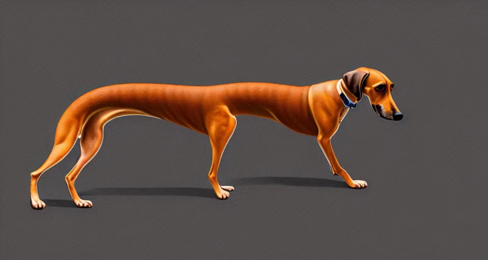 Image similar to a digital painting of a greyhound - sausage dog hybrid, isolated, hyperealism, award winning, stunning, trending on art - sation, highly detailed, cinematic lighting, 8 k, hd