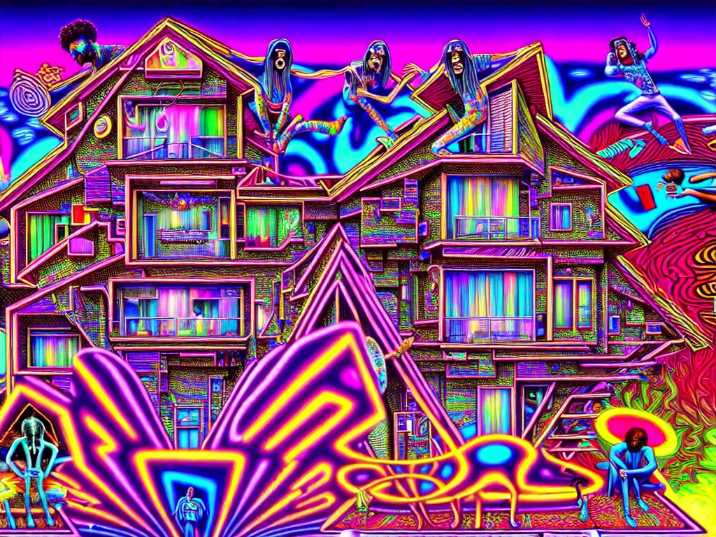 Image similar to a house party, epic angle, happy, psychedelic, hip hop, surreal, neon, vaporwave, detailed, illustrated by Alex Grey, 4k