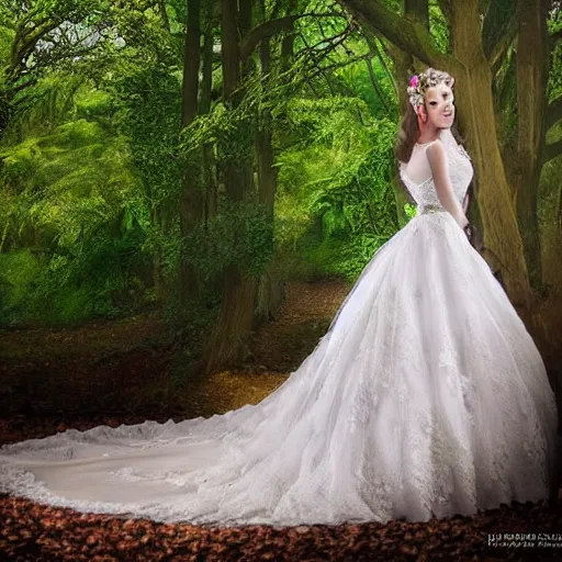 Prompt: very realistic picture. wedding dress with train. patterns of the finest branches of trees from which flowers bloom. very clear image.