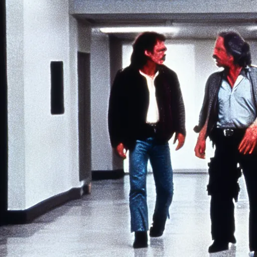 Image similar to movie still, 1 9 8 0 s, harrison ford and john carpenter talking, sci - fi corridor in the background, photorealistic, hyperdetailed, by ridley scott and john carpenter, blue leds