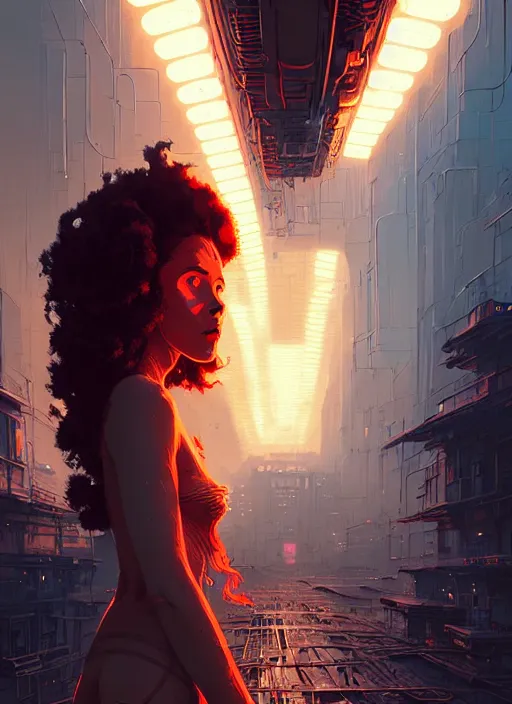 Prompt: highly detailed portrait of an android long curly fire hair tribal lady, stray wiring by atey ghailan, james gilleard, by joe fenton, by greg rutkowski, by greg tocchini, by kaethe butcher, 4 k resolution, gradient red, orange, black and white color scheme!!! ( ( burning flaming robotic dystopian city background ) )