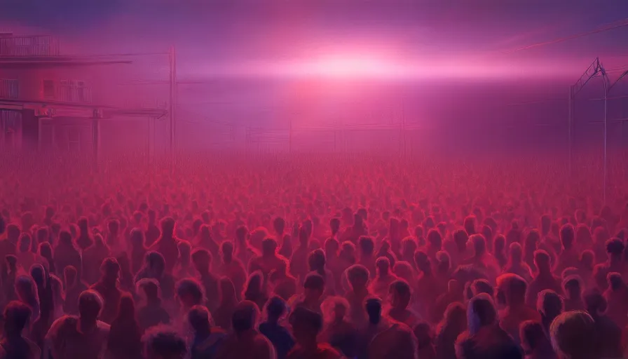 Image similar to painting of a crowd reaching towards the glowing sky, volumetric lighting, nasty, hyperdetailed, realistic